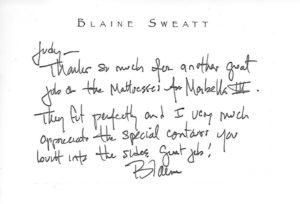 Hand written note from client praising special contours added to sides of mattress..