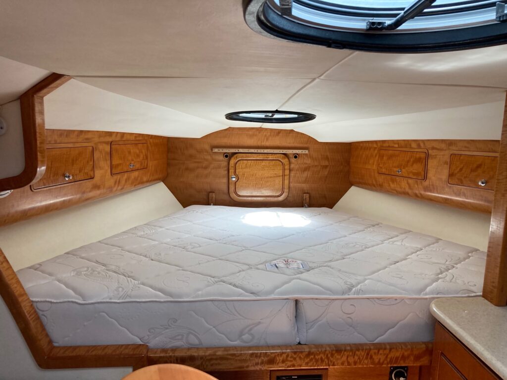 Custom v-berth Zeno mattress with hinge.